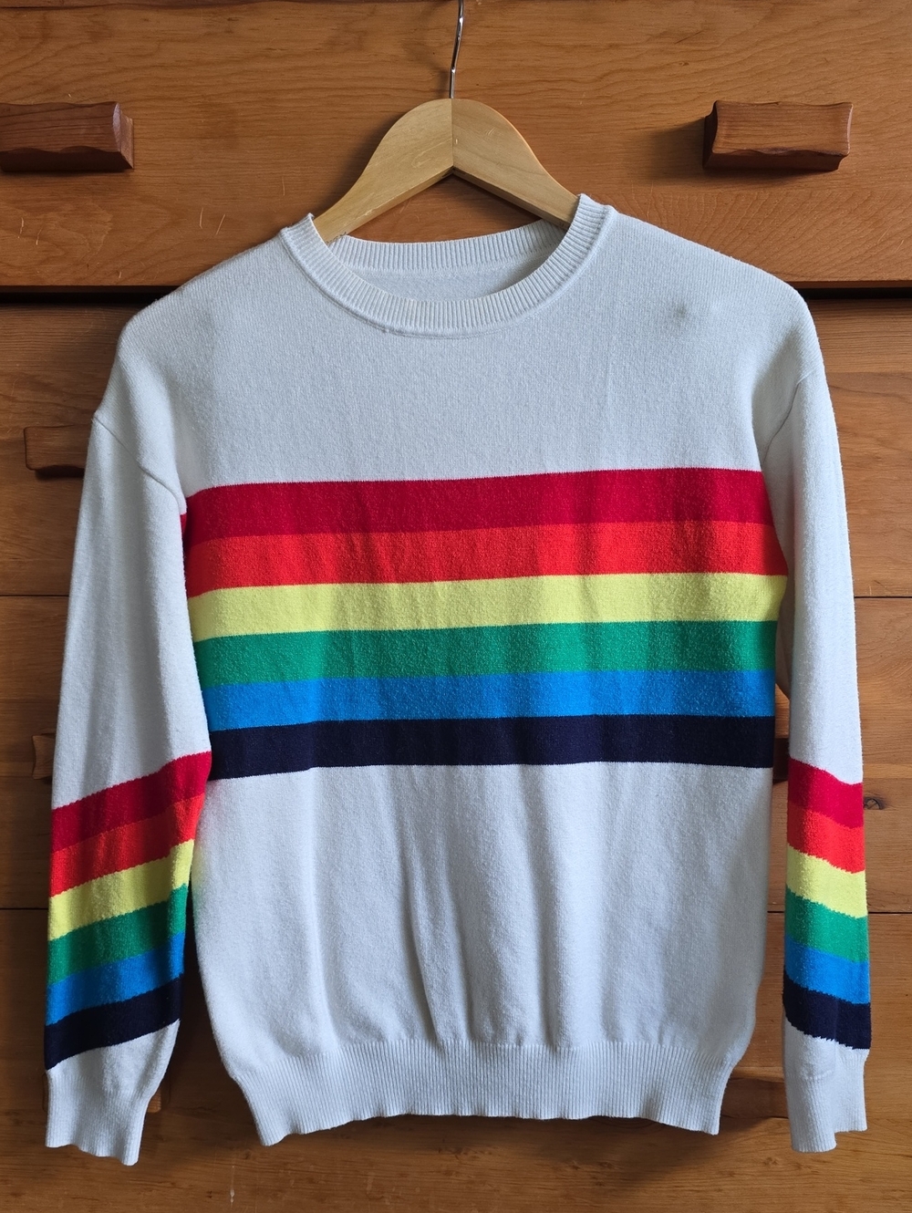 Retro Rainbow Stripe White Crewneck Knit Sweater Pullover, SMALL